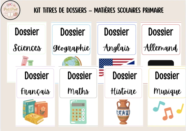 Kit Titres de Dossiers – Matières Scolaires Primaire