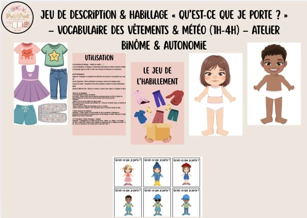Jeu de Description & Habillage « Qu’est-ce que je porte ? » – Vocabulaire des Vêtements & Météo (1H-4H) – Atelier Binôme & Autonomie