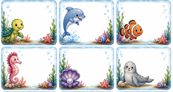 Étiquettes pour les prénoms des élèves sur le thème de la mer