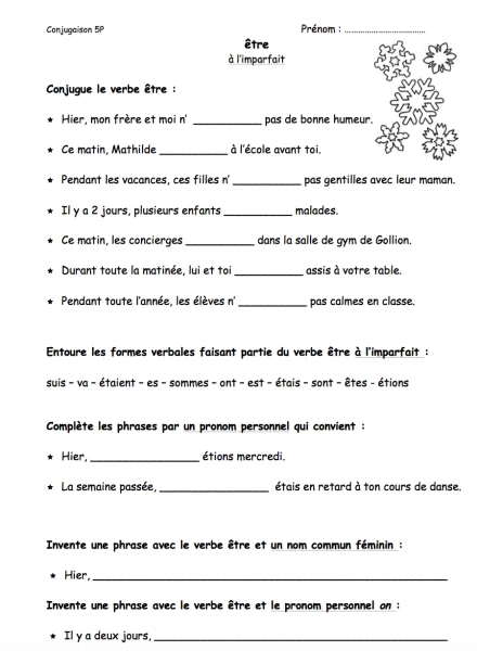 Fiches de verbes - 5P (imparfait)