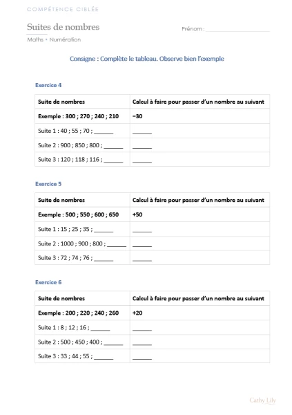 Compétence ciblée – Compléter des suites de nombres