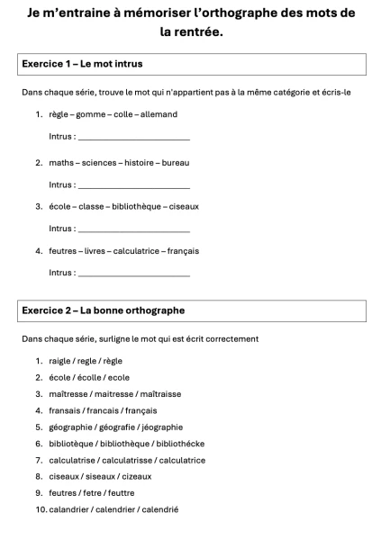dossier d'entraînement aux mots de la rentrée