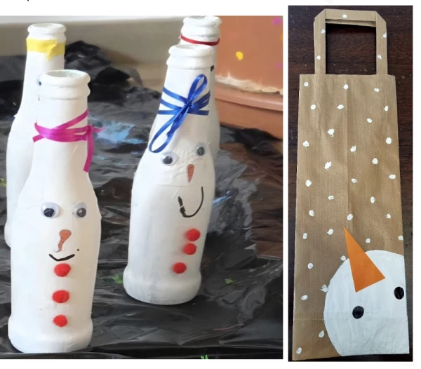 Bonhomme de neige : fabriquer un bougeoir cadeau de Noël et son sac.