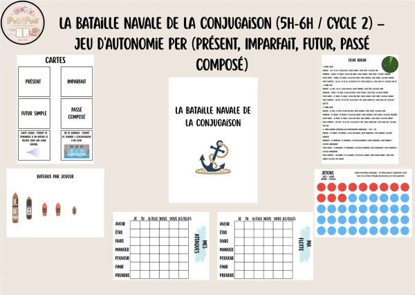 La Bataille Navale de la Conjugaison (5H-6H / Cycle 2) – Jeu d'Autonomie PER (Présent, Imparfait, Futur, Passé Composé)