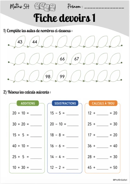 MAT Fiches devoirs 5H période 1