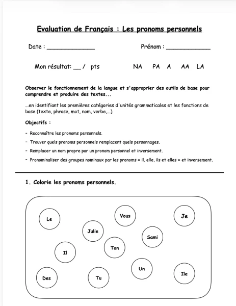 Evaluation de Français : Les pronoms personnels