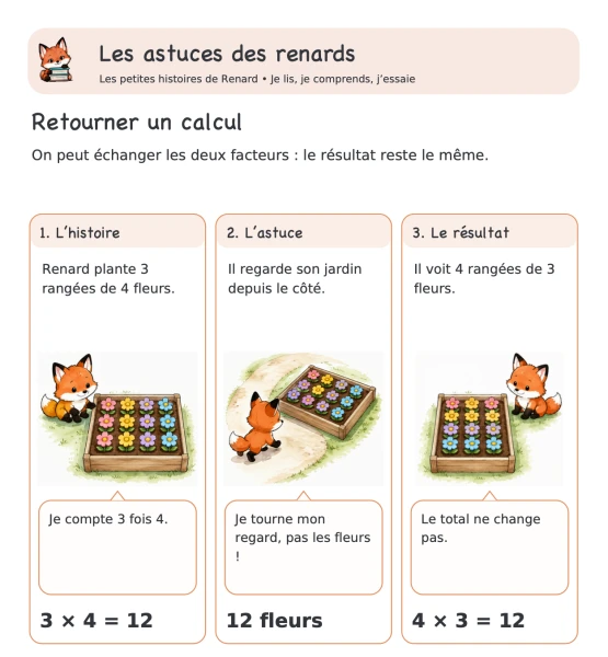 🦊 Les astuces des renards — 2. Multiplication : Retourner un calcul | 1 CHF 🦊