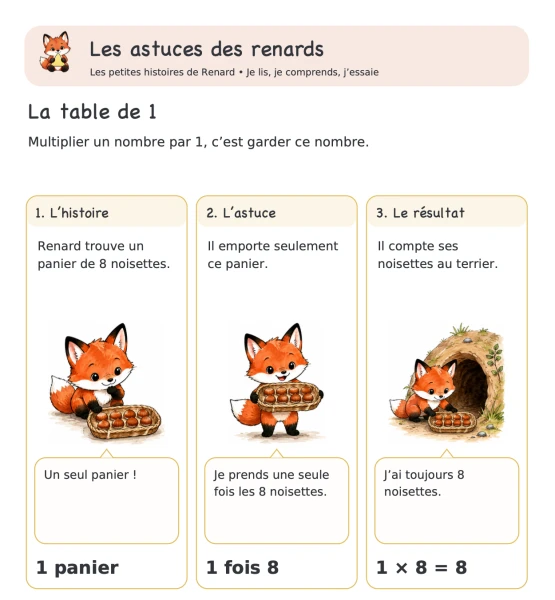 🦊 Les astuces des renards — 3. Table de 1 : prendre une seule fois | 1 CHF 🦊