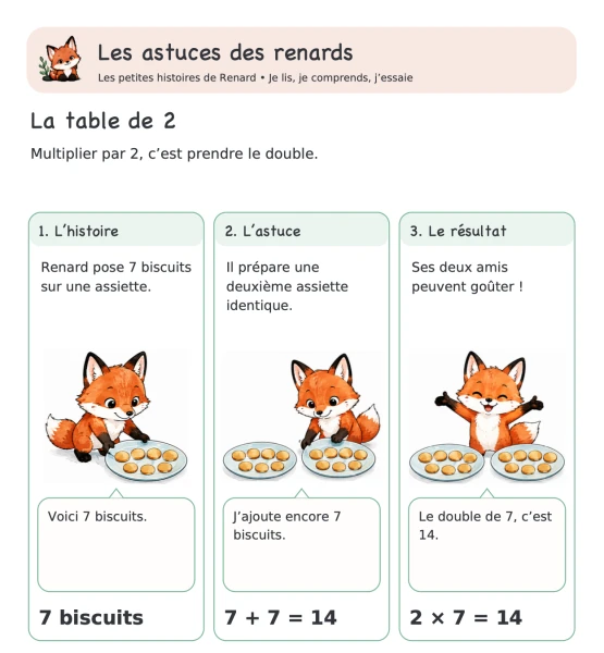 🦊 Les astuces des renards — 4. Table de 2 : utiliser les doubles | 1 CHF 🦊