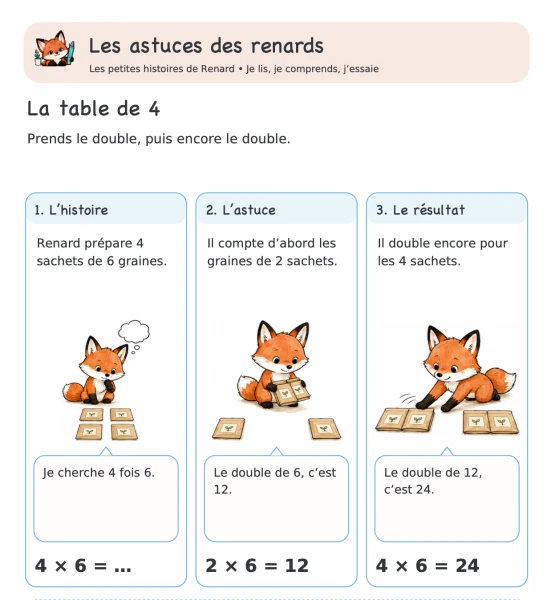 🦊 Les astuces des renards — 5. Table de 4 : doubler deux fois | 1 CHF 🦊