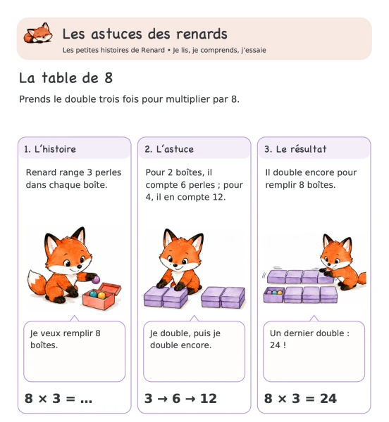 🦊 Les astuces des renards — 6. Table de 8 : doubler trois fois | 1 CHF 🦊