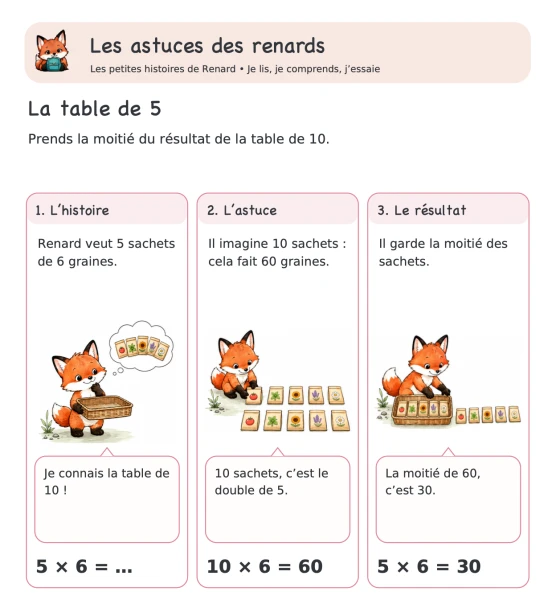 🦊 Les astuces des renards — 7. Table de 5 : prendre la moitié de dix fois | 1 CHF 🦊