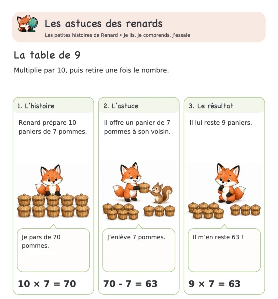 🦊 Les astuces des renards — 9. Table de 9 : dix fois moins une fois | 1 CHF 🦊