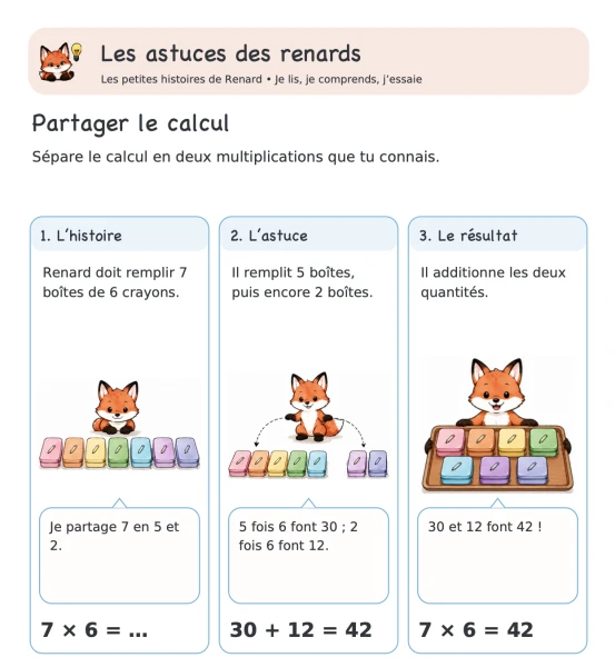 🦊 Les astuces des renards — 10. Multiplication : décomposer pour calculer | 1 CHF 🦊