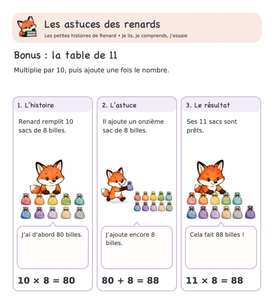 🦊 Les astuces des renards — 11. Table de 11 : dix fois plus une fois | 1 CHF 🦊
