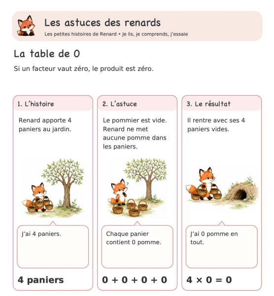 🦊 Les astuces des renards — 13. Table de 0 : comprendre les groupes vides | 1 CHF 🦊