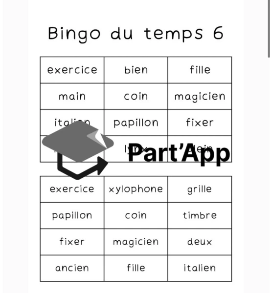Bingo mots du temps 6 (ain, ein, ill, x, ien, oin)