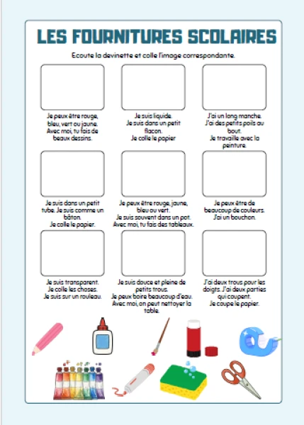 Fiche devinettes fournitures scolaires