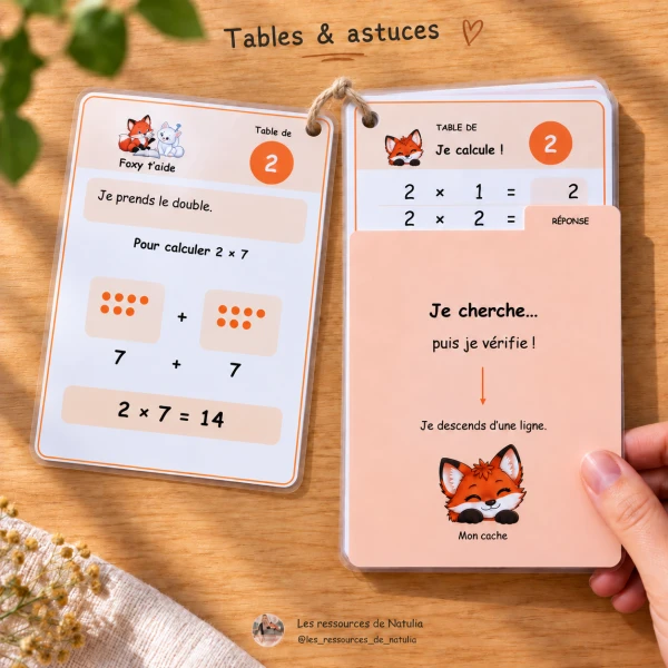 🦊 J’apprends mes tables avec Foxy — Porte-clés des tables avec astuces et caches autocorrectifs | 7 CHF 🦊