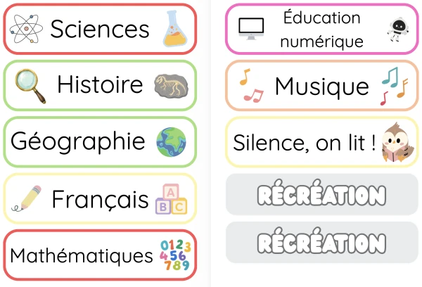 Menu du jour - Programme du jour (couleurs PER) - Affichage