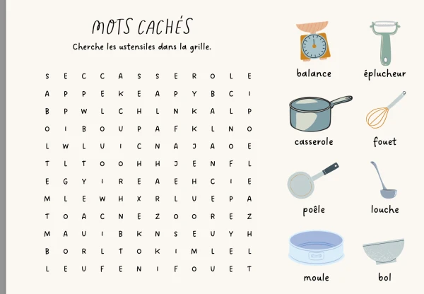 Mots cachés - ustensiles et ingrédients