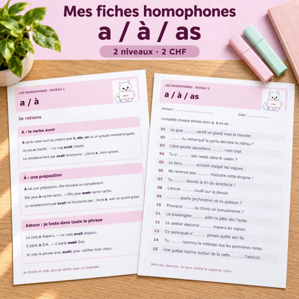 🐾 Mes fiches homophones a / à / as – 2 niveaux | 2 CHF 🐾