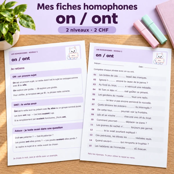🐾 Mes fiches homophones on / ont – 2 niveaux | 2 CHF 🐾