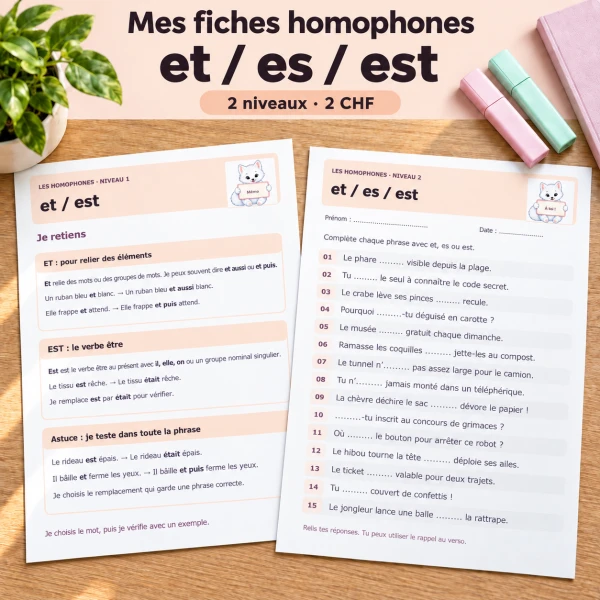 🐾 Mes fiches homophones et / es / est – 2 niveaux | 2 CHF 🐾
