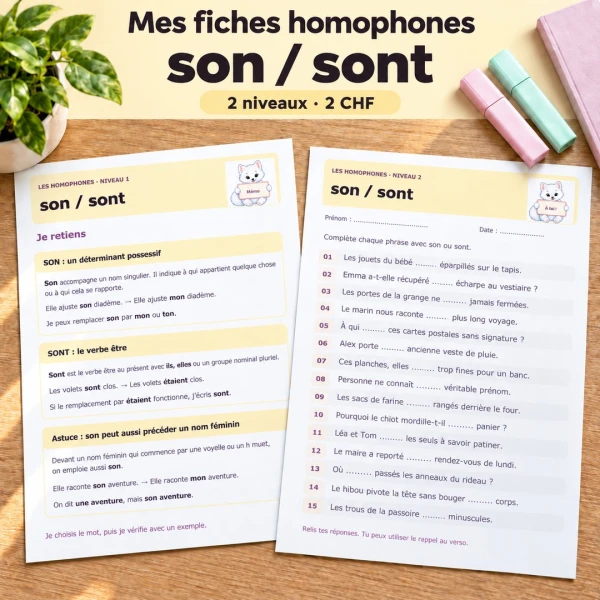 🐾 Mes fiches homophones son / sont – 2 niveaux | 2 CHF 🐾