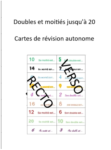 doubles et moitiés jusqu'à 20: cartes d'apprentissage autonome