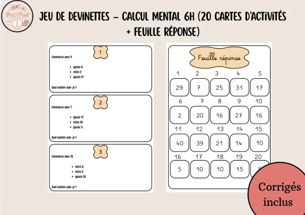 Jeu de devinettes – Calcul mental 6H (20 cartes d'activités + feuille réponse)