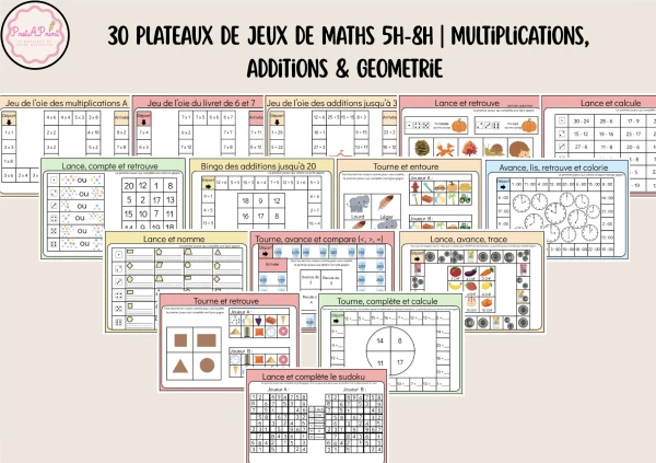 30 Plateaux de Jeux de Maths 5H-8H | Multiplications, Additions & Geometrie