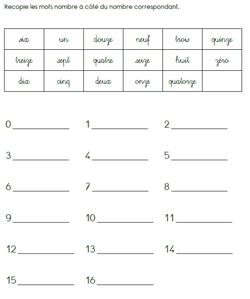 Fiche 0-16 nombre - lettres