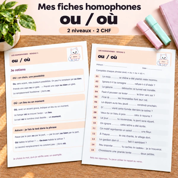 🐾 Mes fiches homophones ou / où – 2 niveaux | 2 CHF 🐾