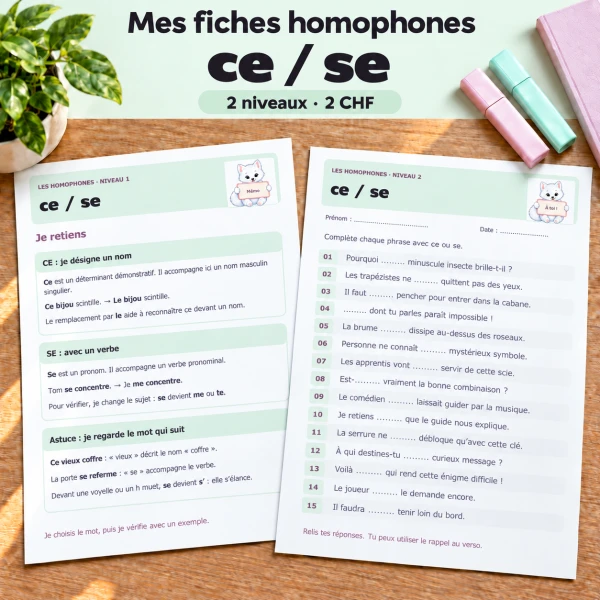 🐾 Mes fiches homophones ce / se – 2 niveaux | 2 CHF 🐾