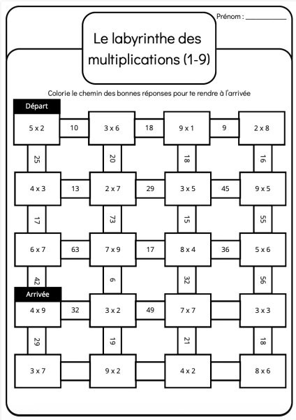 Le Labyrinthe des Multiplications (1 à 9) – Fiche d'entraînement ludique + Corrigé (5H-7H)