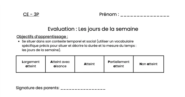 Evaluation jours de la semaine