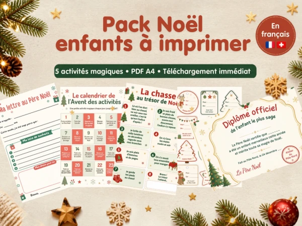 Pack Noël enfants à imprimer en français | Lettre Père Noël, Calendrier de l'Avent, Chasse au trésor, Étiquettes, Diplôme | PDF