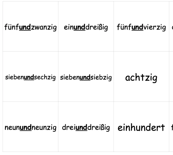 Allemand 6P - Einheit 2 - Memory des nombres 0-99