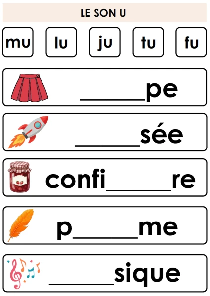 Fiche avec syllabes à compléter sur le son U