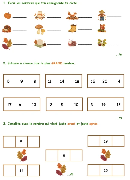 Évaluation 3P - Nombres de 0 à 20