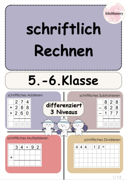 Calcul écrit – 5e et 6e années | Addition, soustraction, multiplication et division | 3 niveaux