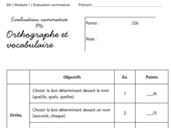 Evaluation sommative orthographe et vocabulaire M1 8P