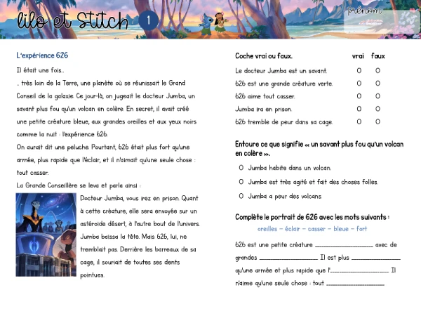 Compréhension écrite/ de texte "Lilo et Stitch"