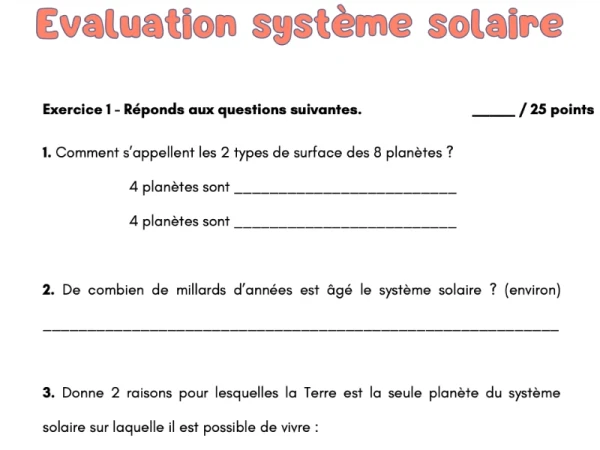 Evaluation système solaire - planètes cycle 2