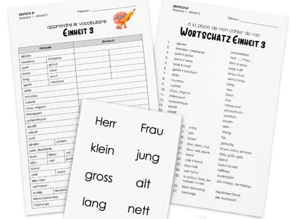 Allemand 8e - Einheit 3 - Liste de vocabulaire, fiche et jeu