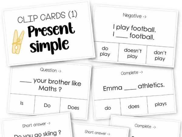 Present simple en anglais – 3 jeux de cartes à pince avec corrigé !!