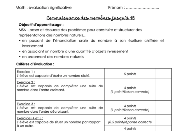 TS numération 1 à 15