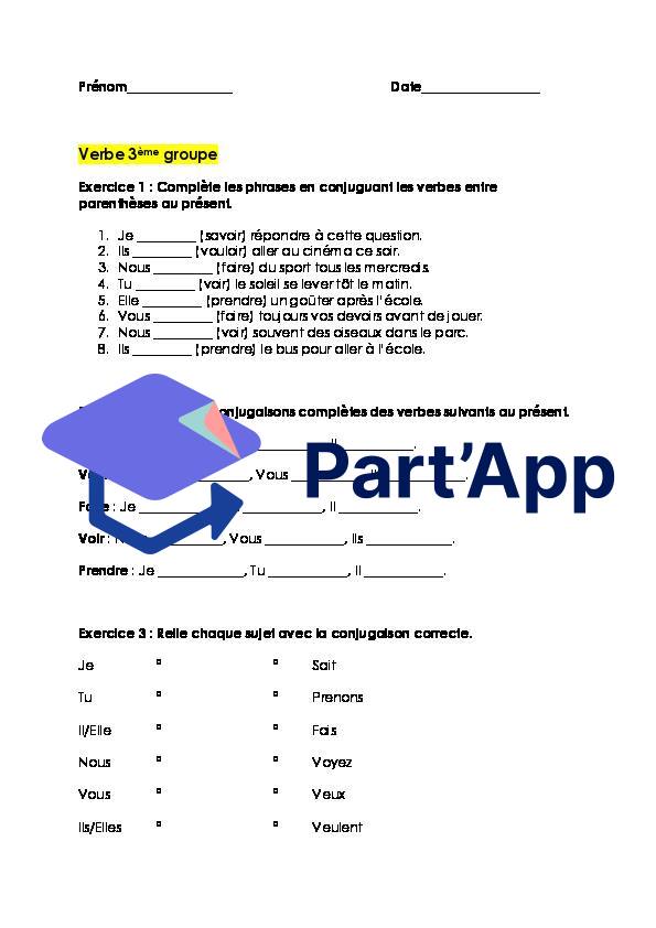 Fiche avec 3 exercices de conjugaison au présent du 3ème groupe_2