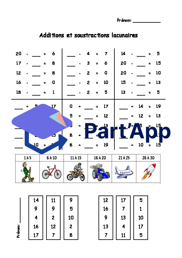 Générateur de 30 additions/soustractions lacunaires personnalisables avec correctif_16